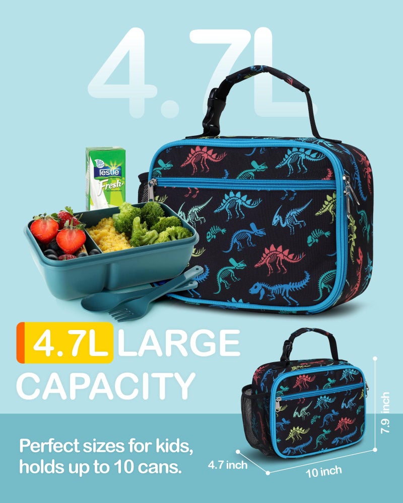 Bagseri Kids Lunch Bag Boys - Insulated Lunch Box for Kids Reusable Leak-Proof Boys Lunch Bag With Water Bottle Holder Toddler Lunch Box for Daycare and School  Black Dinosaur Fossil - Image 2